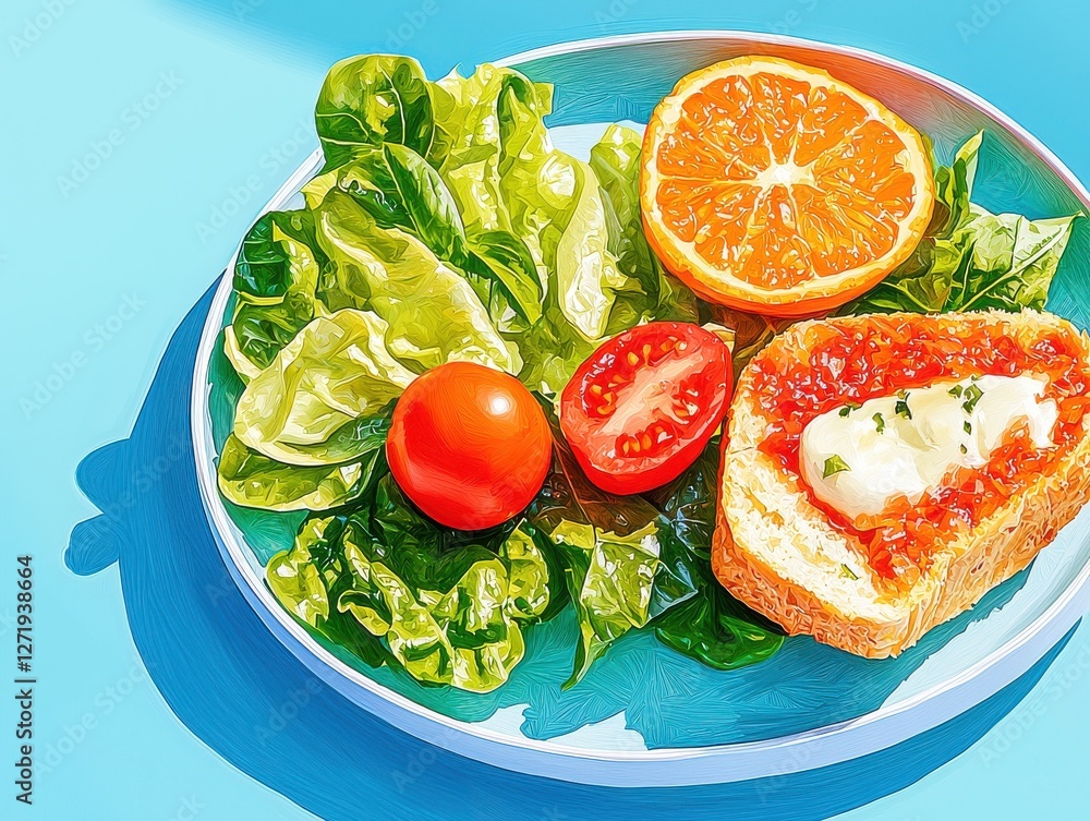 Fresh salad and toast with tomato orange plate presentation kitchen angle healthy eating Fresh salad and toast with tomato orange plate presentation kitchen angle healthy eating