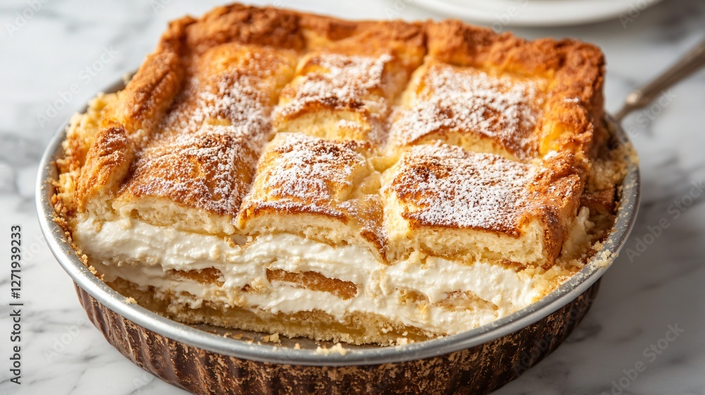 A perfectly styled French Toast Bake, layered with coconut cream, served in a vintage pie tin with golden-brown crust, isolated on a marble countertop A perfectly styled French Toast Bake, layered with coconut cream, served in a vintage pie tin with golden-brown crust, isolated on a marble countertop