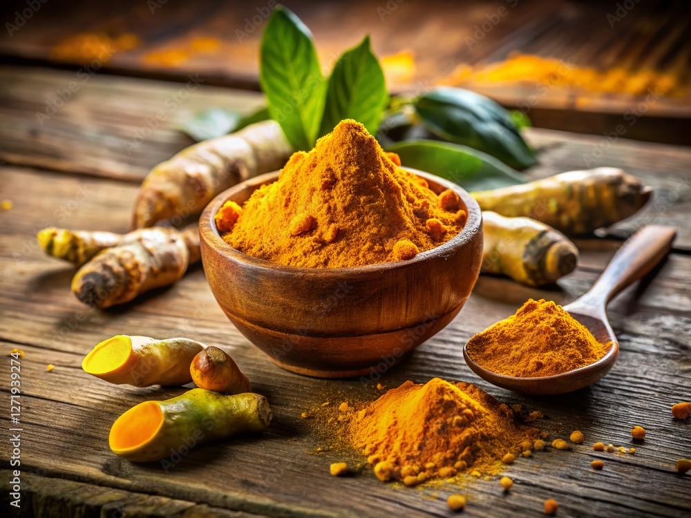 Golden Turmeric Spice: Vibrant Powder & Root on Rustic Wooden Table Golden Turmeric Spice: Vibrant Powder & Root on Rustic Wooden Table