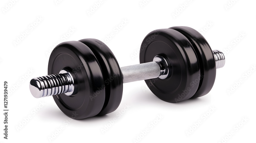 Pair of dumbbells on floor with black dumbbell in gym setting for fitness training and strength exercises. Pair of dumbbells on floor with black dumbbell in gym setting for fitness training and strength exercises.