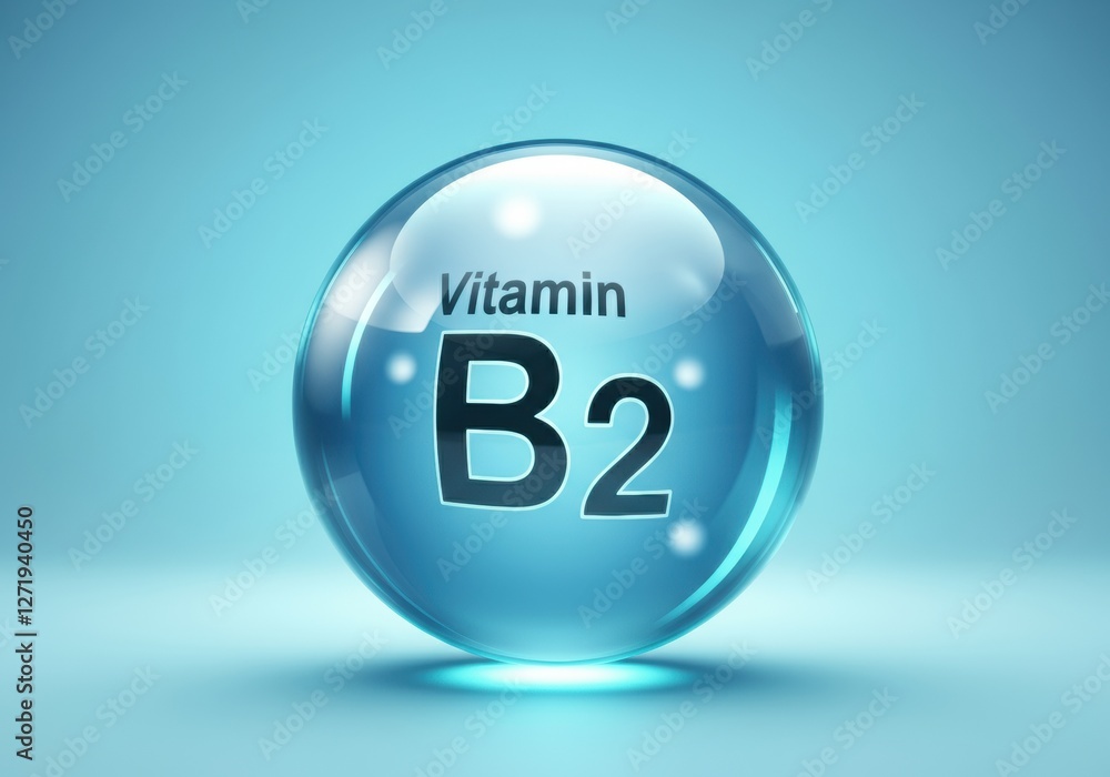 Glossy blue sphere with the text Vitamin B2 on a soft gradient background Glossy blue sphere with the text Vitamin B2 on a soft gradient background