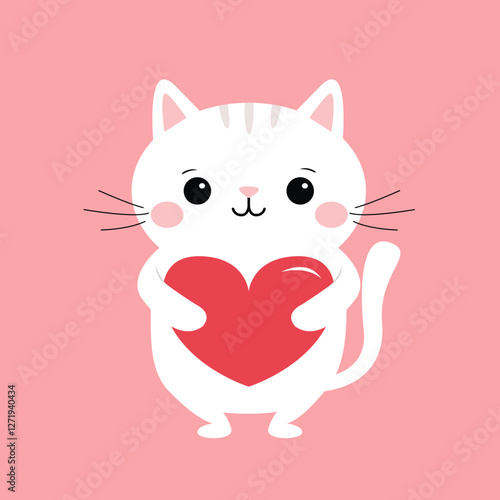 Cute white cat kitten kitty holding red heart. Cartoon kawaii funny animal baby character. Flat design. Happy Valentines Day. Love card. Childish style. Isolated. Pink background. Vector illustration