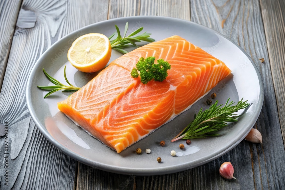 Fresh salmon fillet on a plate with visible slime residue, seafood, fish scales, aquatic life, kitchen scene Fresh salmon fillet on a plate with visible slime residue, seafood, fish scales, aquatic life, kitchen scene