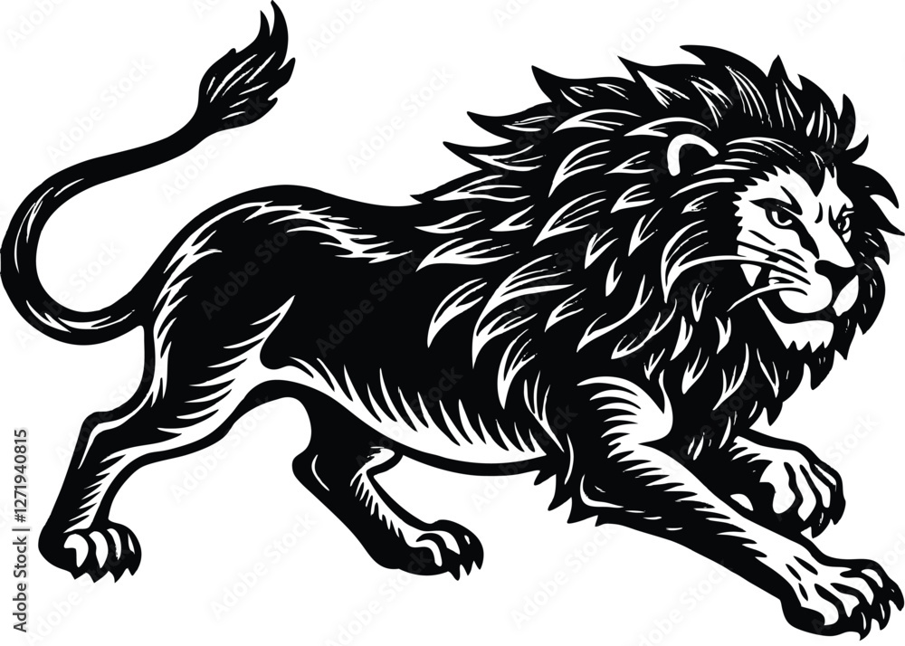 Obraz premium Majestic Lion Vector Illustration – Bold and Fierce Black and White Design. Powerful Lion Tattoo Design – Stunning Black and White Lion Art.