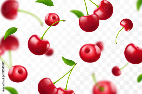 Cherry background. Flying berries with blurry effect. Red cherries falling on transparent background. Can be used for wallpaper, banner, poster, print, fabric, wrapping paper. Vector 3d realistic