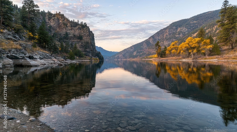 Serene Autumn Lake Reflection in Mountain Valley Serene Autumn Lake Reflection in Mountain Valley