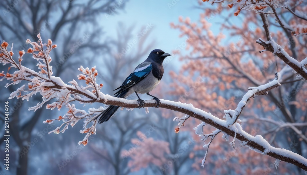 Frozen tree branch with a single magpie perched, winter wildlife scene, frozen nature scene Frozen tree branch with a single magpie perched, winter wildlife scene, frozen nature scene