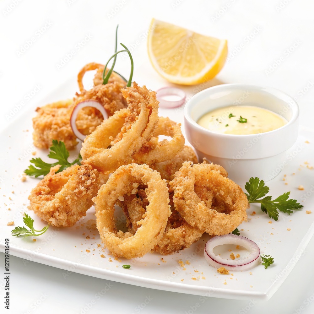 Crispy Fried Calamari Rings with Lemon and Aioli, Food Photography, Close-up Calamari, Seafood, Appetizer Crispy Fried Calamari Rings with Lemon and Aioli, Food Photography, Close-up Calamari, Seafood, Appetizer