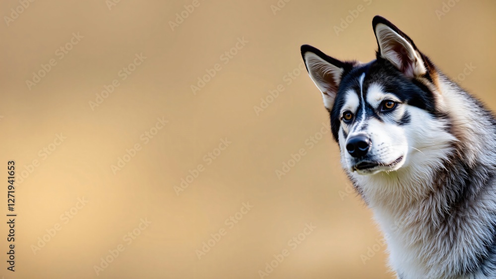 Majestic Siberian Husky Portrait Against a Soft Golden Background Majestic Siberian Husky Portrait Against a Soft Golden Background