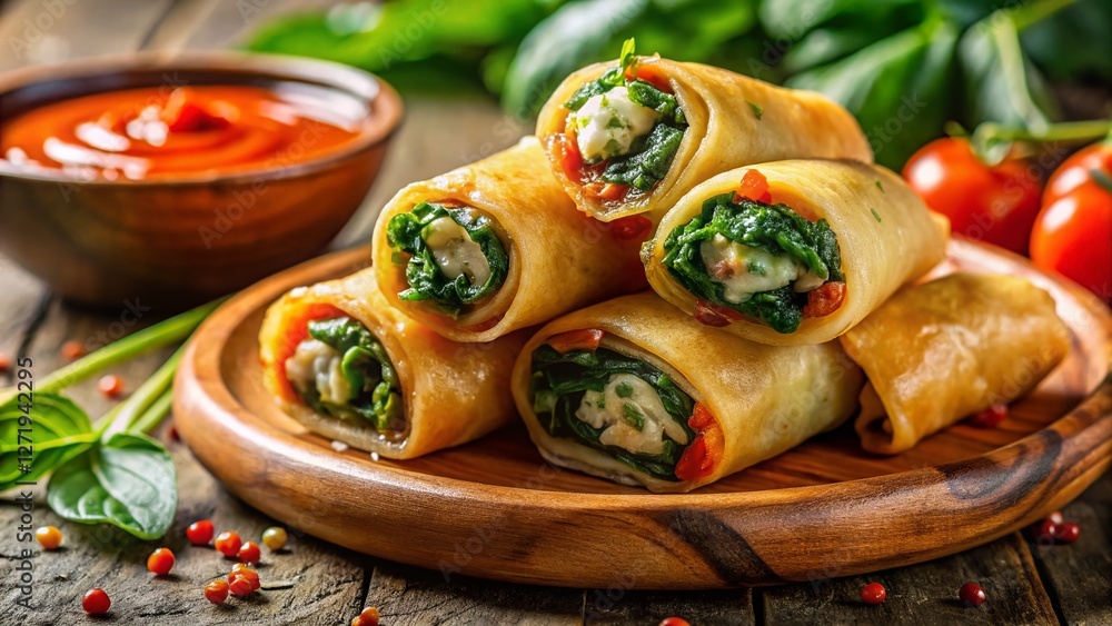 Gourmet Spring Rolls: Spinach & Cheese with Tomato Sauce Bokeh Gourmet Spring Rolls: Spinach & Cheese with Tomato Sauce Bokeh