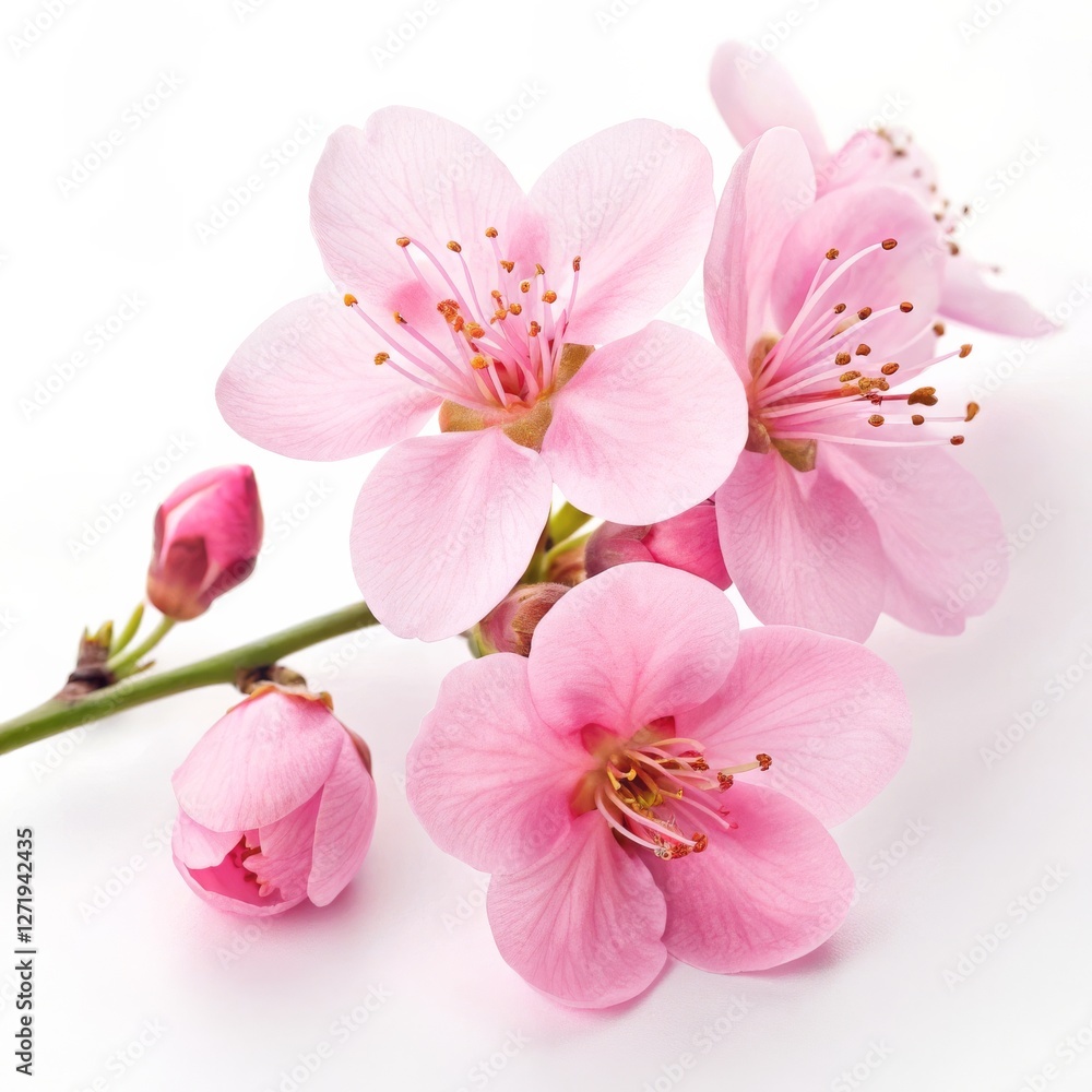 Obraz premium Pink Blossom Branch Close-up Photography of Delicate Flowers, Spring Floral Composition, Nature's Beauty, Macro, White Background. Flower, Spring