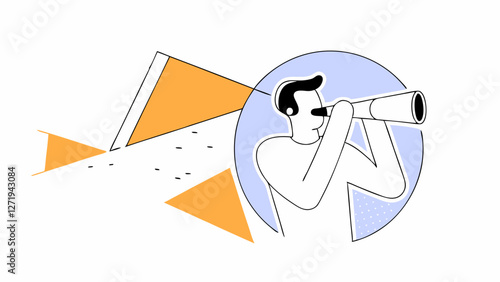 A person is depicted looking through a telescope, surrounded by abstract geometric shapes. The use of orange and blue highlights the futuristic and exploratory theme.AI