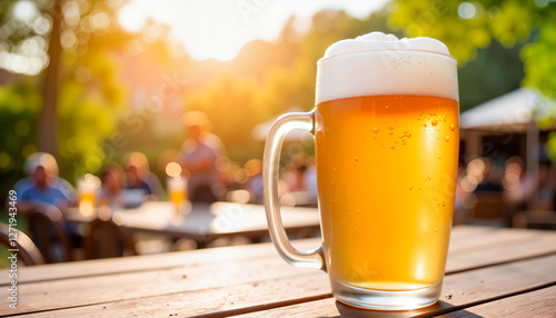 Freshly poured beer with thick foam head, enjoying afternoon sunlight on outdoor patio, Oktoberfest celebration
 photo