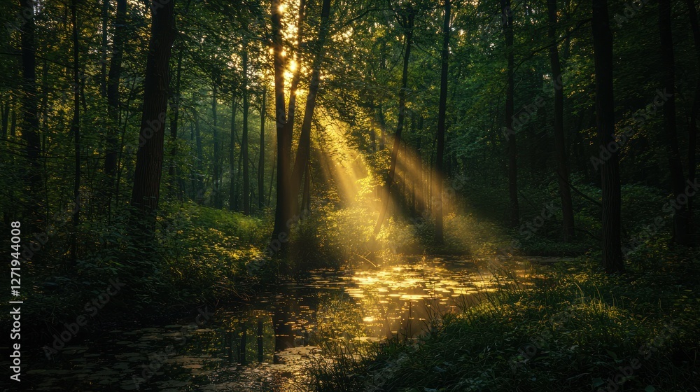 Fototapeta premium Sunbeams Dancing on Forest Pond: A Serene Morning