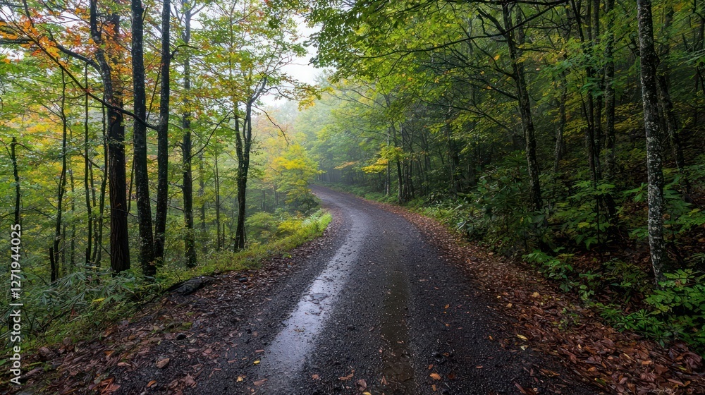 Rainy Autumn Day on a Winding Forest Road Rainy Autumn Day on a Winding Forest Road