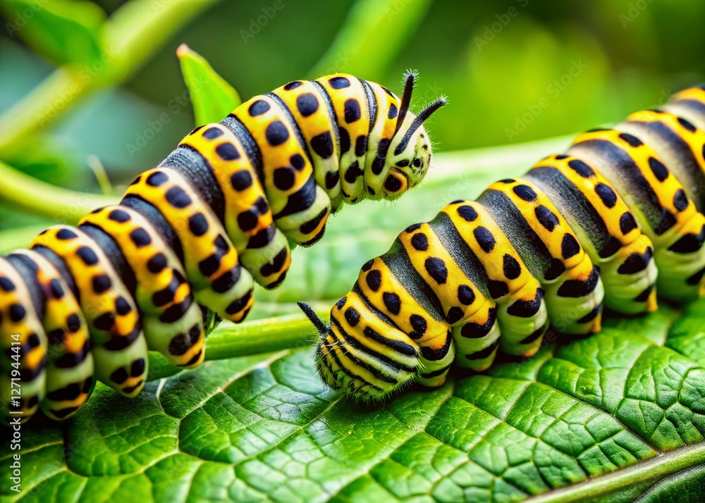 Green and Black Caterpillars with Yellow Markings - Close-Up Macro Photography for Educational Use Green and Black Caterpillars with Yellow Markings - Close-Up Macro Photography for Educational Use