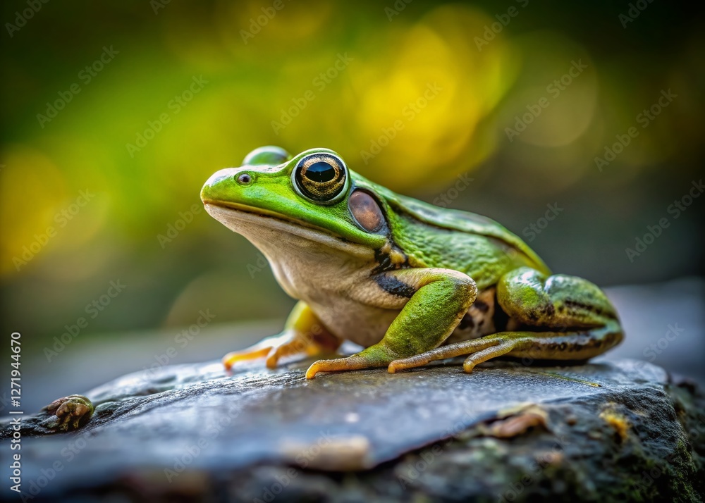 Green Frog Posing on a River Rock - Amphibian Wildlife Stock Photo Green Frog Posing on a River Rock - Amphibian Wildlife Stock Photo