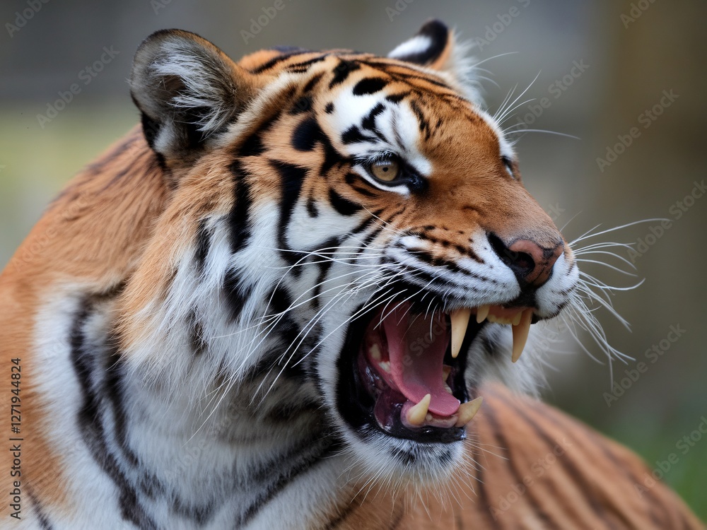 Fototapeta premium A fierce Bengal tiger displays its teeth, showcasing its strength and majesty in a natural setting.