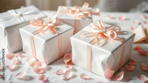 Elegant presents wrapped in white paper with peach ribbons, surrounded by delicate pink rose petals.