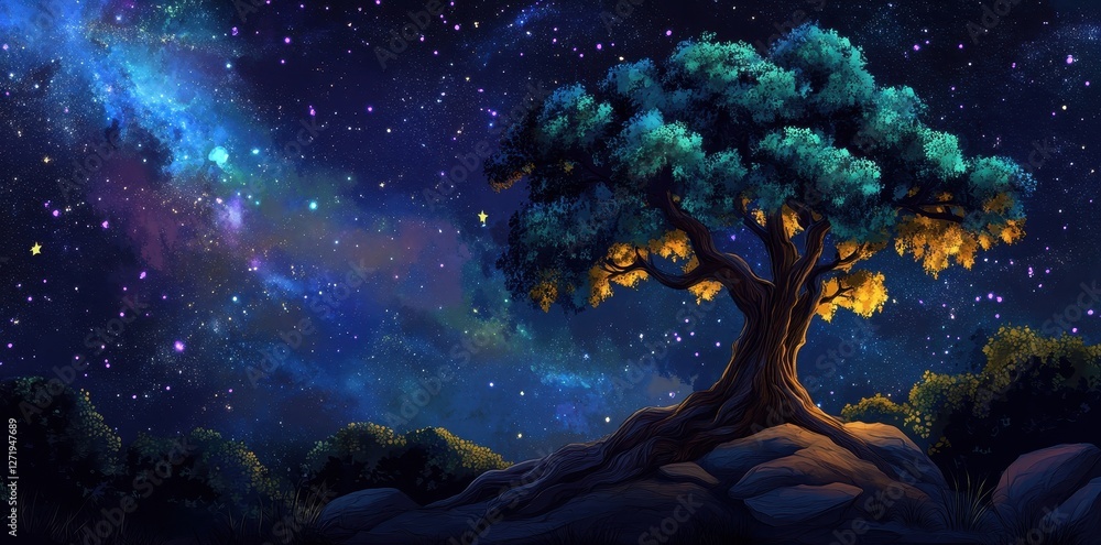 Illustration of a solitary tree underneath a vibrant starry night Illustration of a solitary tree underneath a vibrant starry night