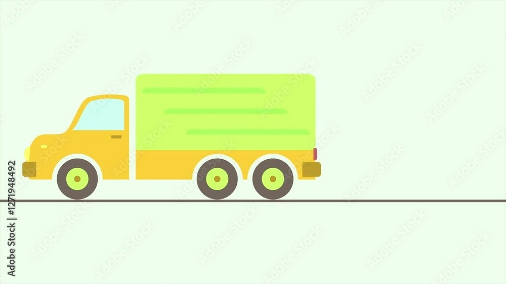 yellow truck with green body appears in parts and then drives away. side view. cargo delivery animation 4K yellow truck with green body appears in parts and then drives away. side view. cargo delivery animation 4K