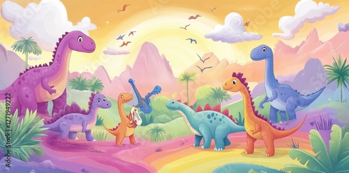 Wallpaper Mural Colorful cartoon dinosaurs are enjoying music and nature together Torontodigital.ca