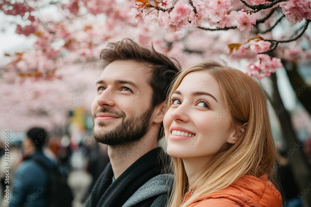 Generative AI depiction of a young couple enjoying Japan's spring park with cherry blossoms in full bloom Generative AI depiction of a young couple enjoying Japan's spring park with cherry blossoms in full bloom