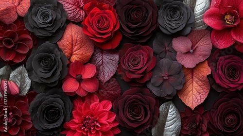 Dark Floral Arrangement, Flat Lay, Autumn Colors photo