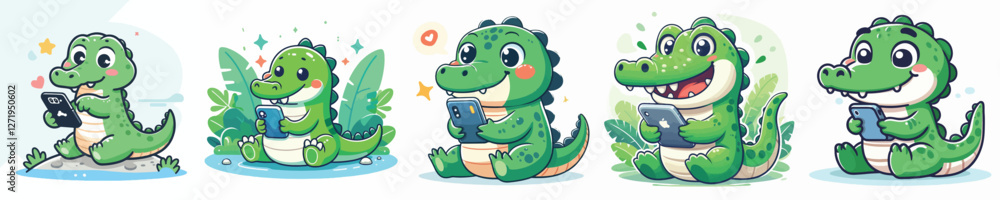 Fototapeta premium Vector set of cute crocodiles playing cell phones