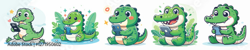 Vector set of cute crocodiles playing cell phones