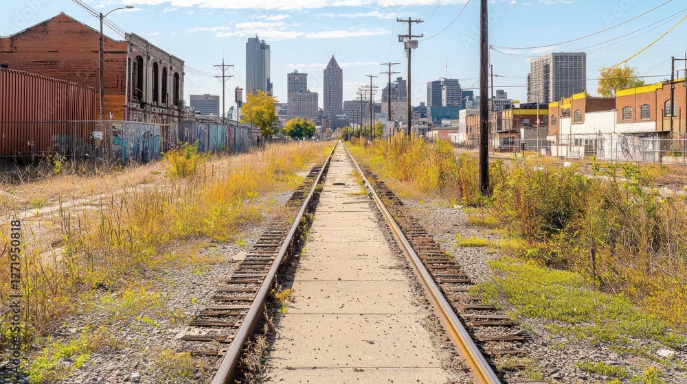 Fototapeta premium Overgrown Railroad Tracks Leading to a City Skyline