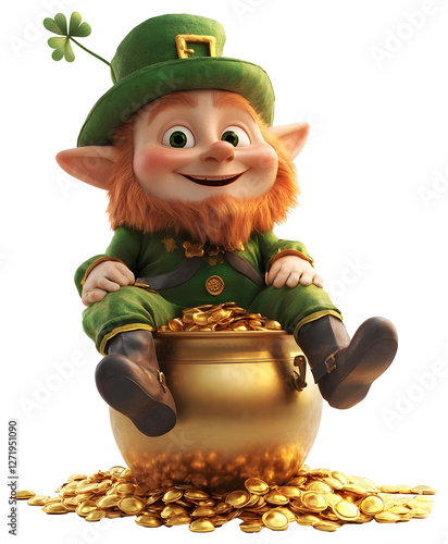 Charming and chubby 3D leprechaun sitting on a pot of gold