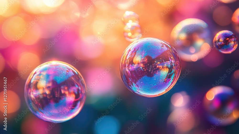Soap bubbles floating showing vibrant rainbow colors with bokeh background Soap bubbles floating showing vibrant rainbow colors with bokeh background