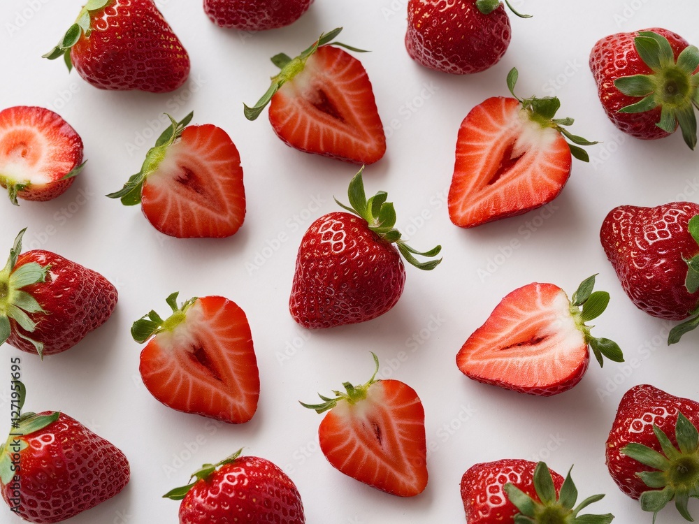 Fresh, vibrant strawberries, both whole and halved, arranged artistically on a light background. Fresh, vibrant strawberries, both whole and halved, arranged artistically on a light background.