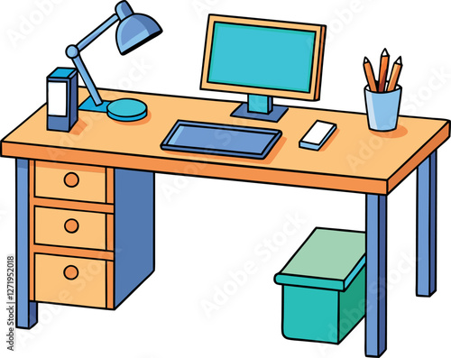 Modern Office Desk Setup – High-Quality Colorful Minimalistic Vector Illustration in a Cartoonish Style with Clean Lines and Stylish Aesthetic for Workspaces