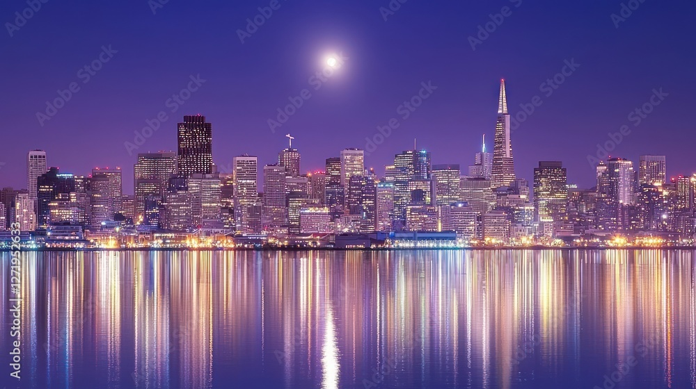 San Francisco Night Cityscape: Moonlit Reflection on Bay Waters San Francisco Night Cityscape: Moonlit Reflection on Bay Waters