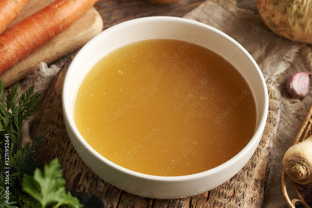 Chicken soup or bone broth in a white ceramic bowl on a table Chicken soup or bone broth in a white ceramic bowl on a table