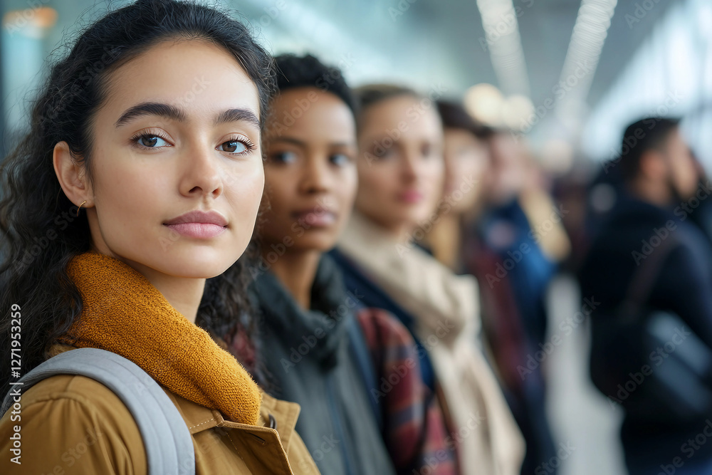 Fototapeta premium Women and men stand behind each other indoor generative AI