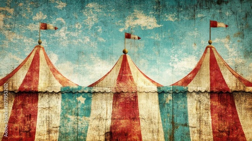 Three vintage circus tents against a textured sky background