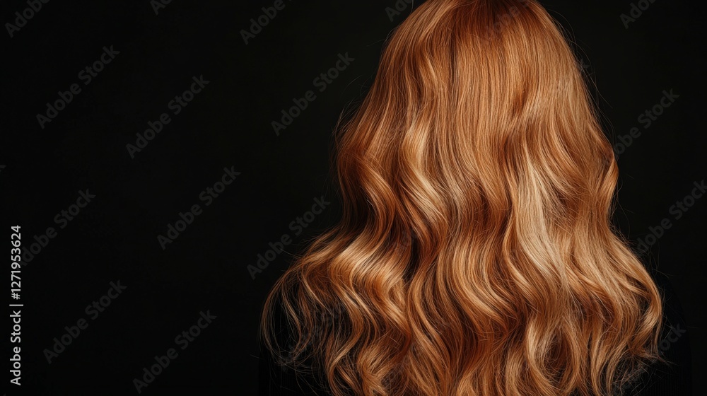 Naklejka premium Long Flowing Wavy Hair Cascades From the Back Against a Dark Background Generative AI