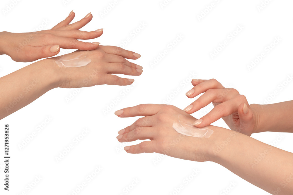 Beige cream tube in woman hands isolated on a white background. Cream swatch on woman hand. Beige cream tube in woman hands isolated on a white background. Cream swatch on woman hand.
