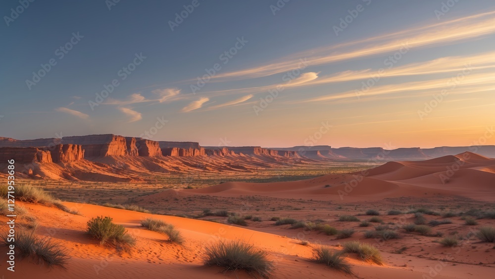 Naklejka premium Majestic sunset over desert landscape with sweeping sand dunes and rock formations