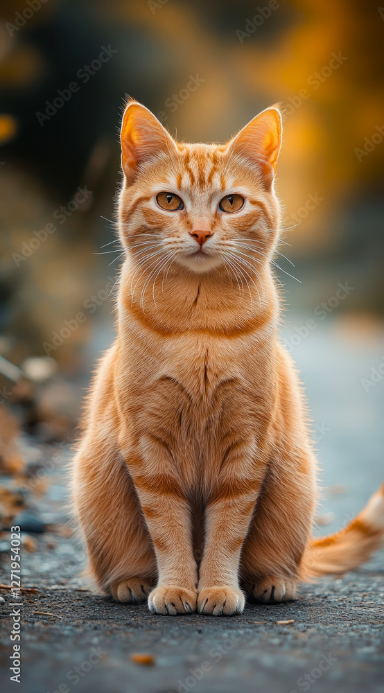 Captivating orange cat sitting gracefully in warm natural light, exuding charm and character in a serene outdoor setting Captivating orange cat sitting gracefully in warm natural light, exuding charm and character in a serene outdoor setting