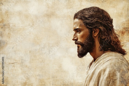 Profile portrait of jesus christ vintage oil painting artistic representation graceful side view faith concept