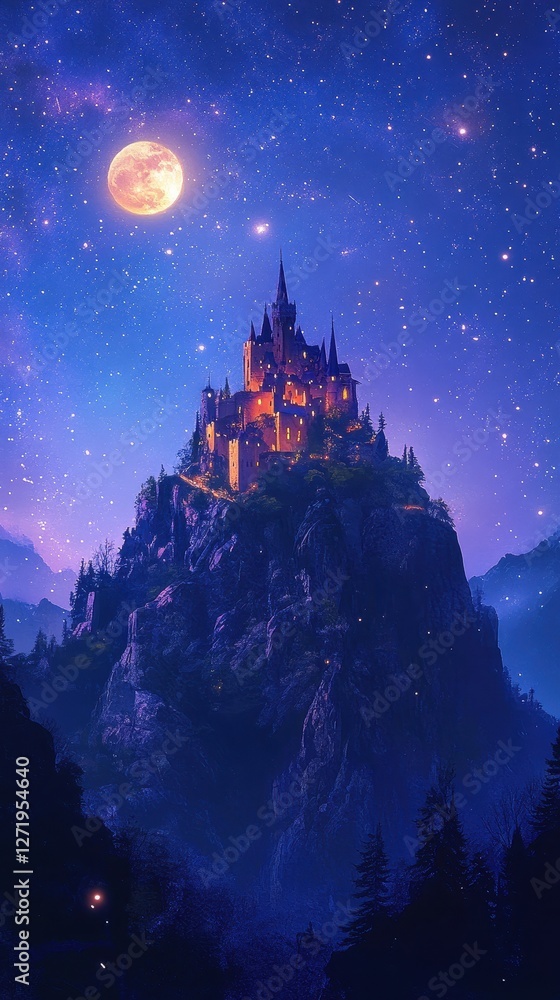 Fototapeta premium Illuminated castle sits atop a mountain at night