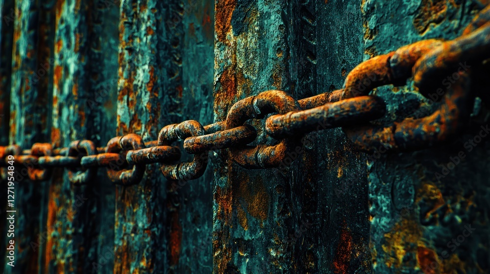 Rusty Chain on Weathered Metal Fence: A Study in Texture and Decay Rusty Chain on Weathered Metal Fence: A Study in Texture and Decay