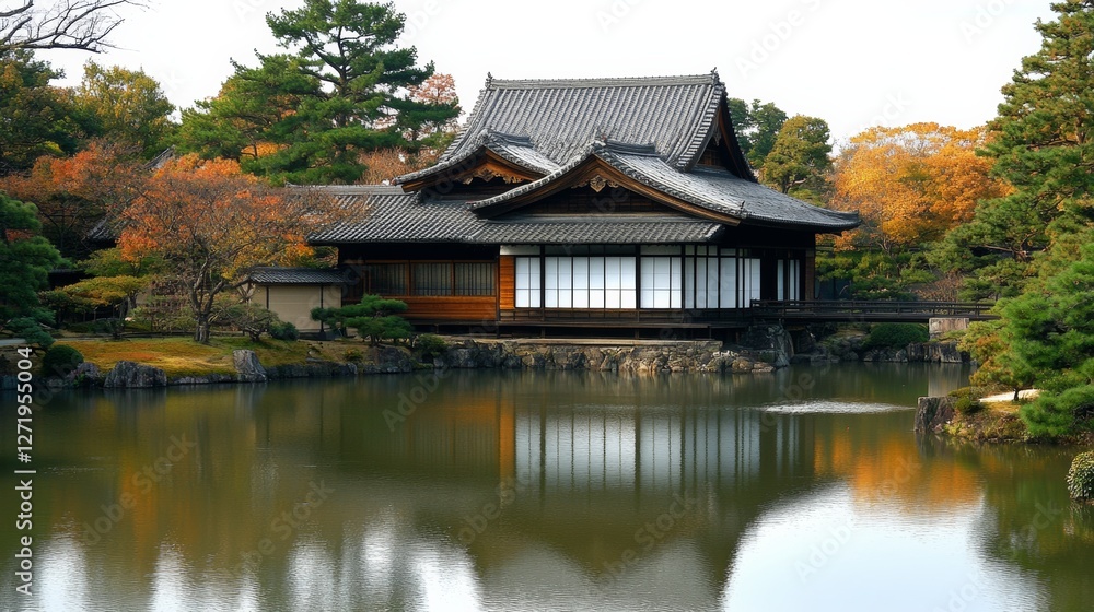 A historic Japanese castle with intricate architecture, surrounded by a traditional stone wall and moat, A historic Japanese castle with intricate architecture, surrounded by a traditional stone wall and moat,