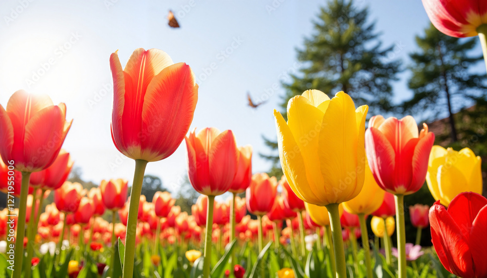Seasonal blooms. Vibrant tulips blooming in botanical garden under sunlight, seasonal beauty Seasonal blooms. Vibrant tulips blooming in botanical garden under sunlight, seasonal beauty