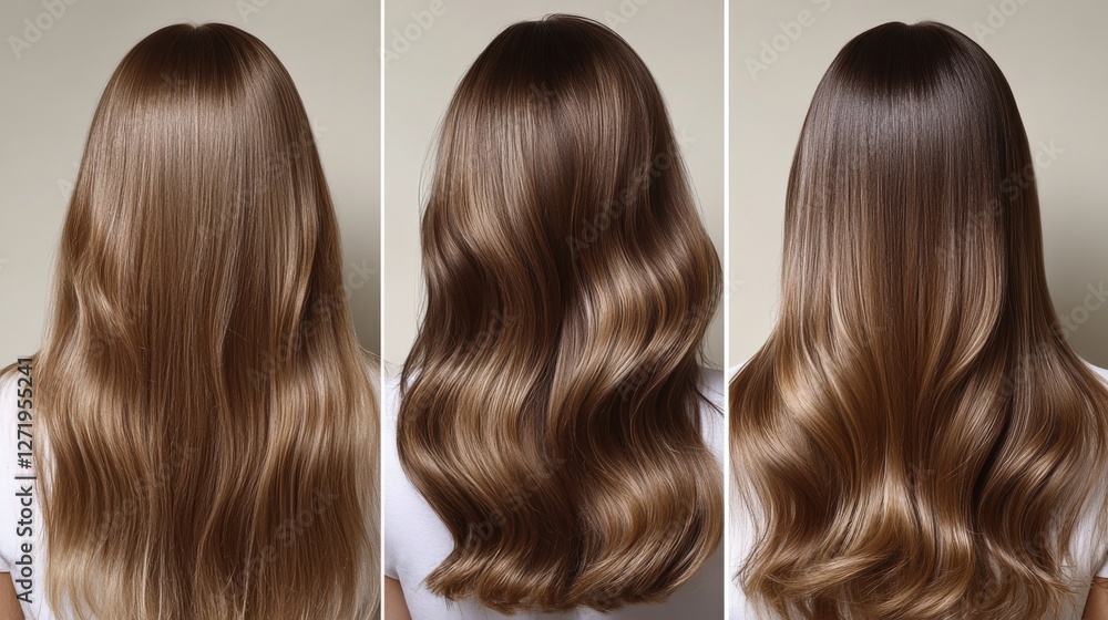 Fototapeta premium Different Hairstyles Showcasing Long and Healthy Brown Hair in Multiple Styles Generative AI
