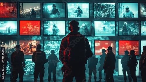 A lone figure observes a wall of screens displaying urban chaos in a futuristic surveillance scene with shadowy figures